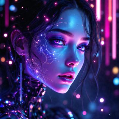 The primary subject of the image is a woman with a futuristic, cyberpunk appearance. She is wearing a blue and purple outfit, and her eyes are glowing with a neon blue color. The setting is a futuristic cityscape, with a purple background and a pink sky. The visual style is a digital art or illustration, creating a vibrant and unique atmosphere. The colors and mood of the image are both futuristic and surreal, with the woman'